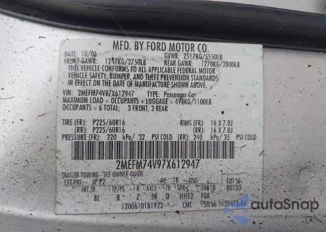 2007 Mercury Grand Marquis Gs from USA, damaged, VIN 2MEFM74V97X612947